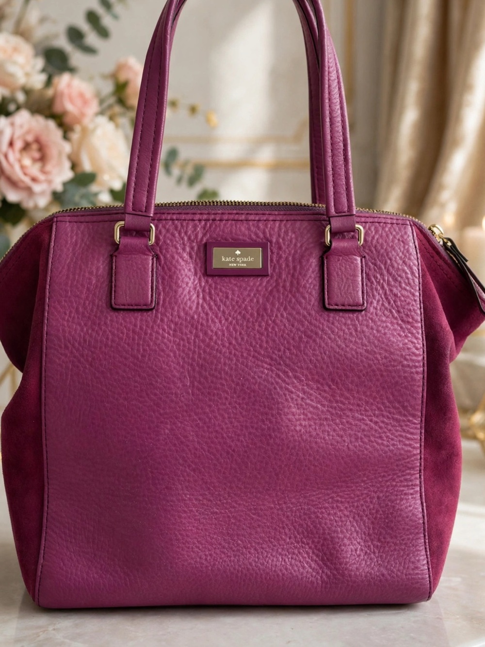 kate spade fuchsia leather tote with suede side panels